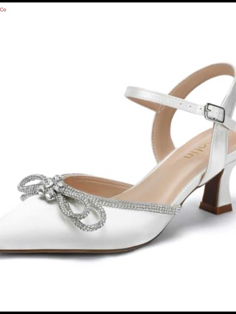 Wide Width Kitten Heel Pointed Toe Pumps with Rhinestone Bow Ankle Strap